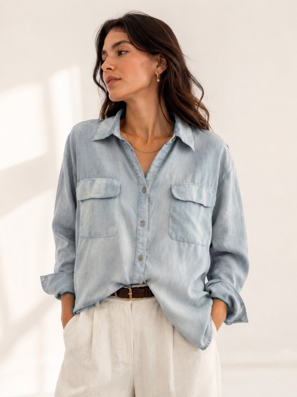 Gemma 100% Silk Blouse Women's Light Blue Button Front Long Sleeve Shirt Size L